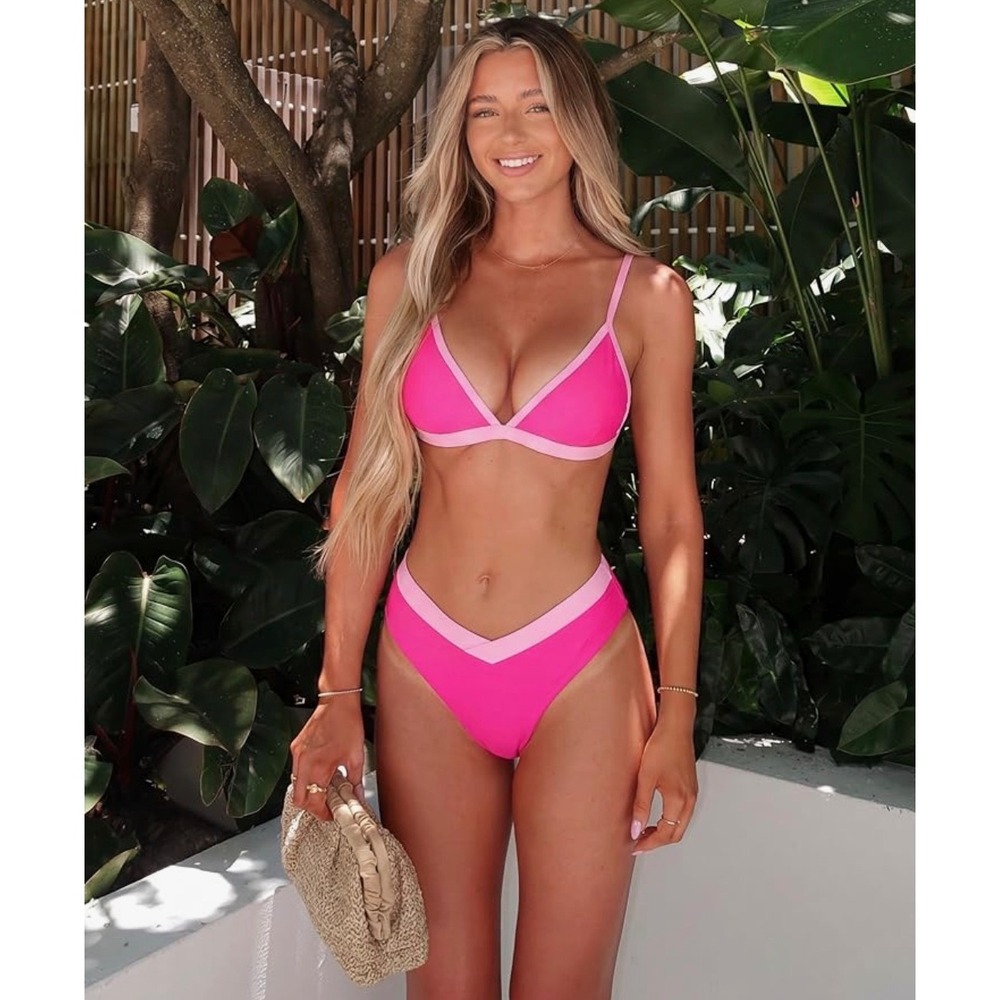 Hot Pink Color Block Triangle High Cut Bikini Set Two Piece Swimsuit Medium